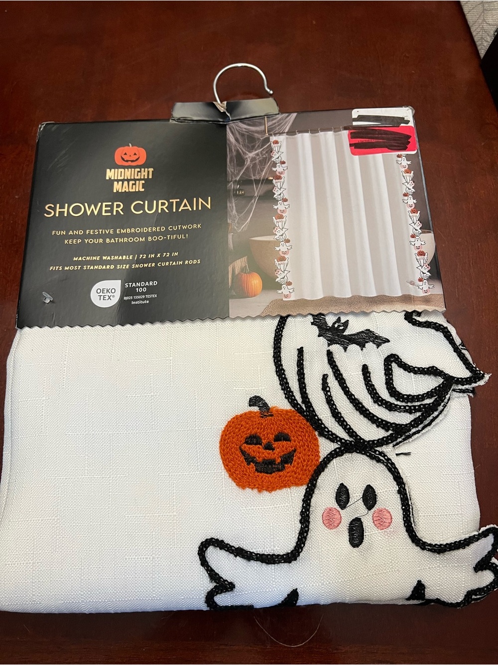 Magic White Embroidered Halloween Shower Curtain with Ghosts & Pumpkin